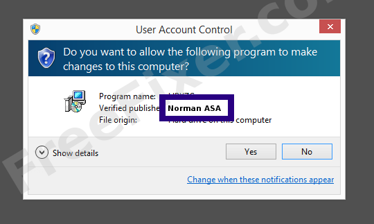 Screenshot where Norman ASA appears as the verified publisher in the UAC dialog